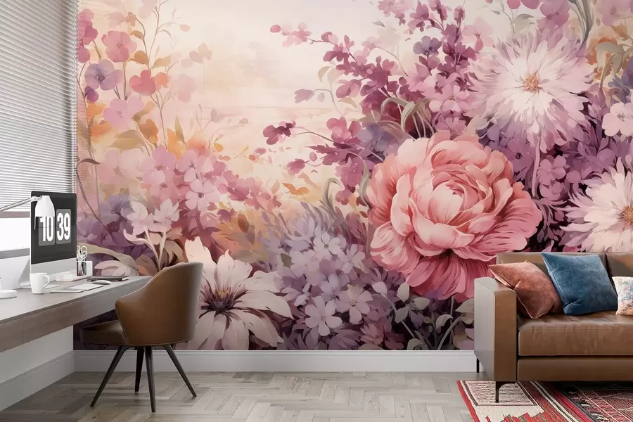 murais de parede Flores coloridas em tons de rosa e roxo: lilases, peónias, crisântemos w09039