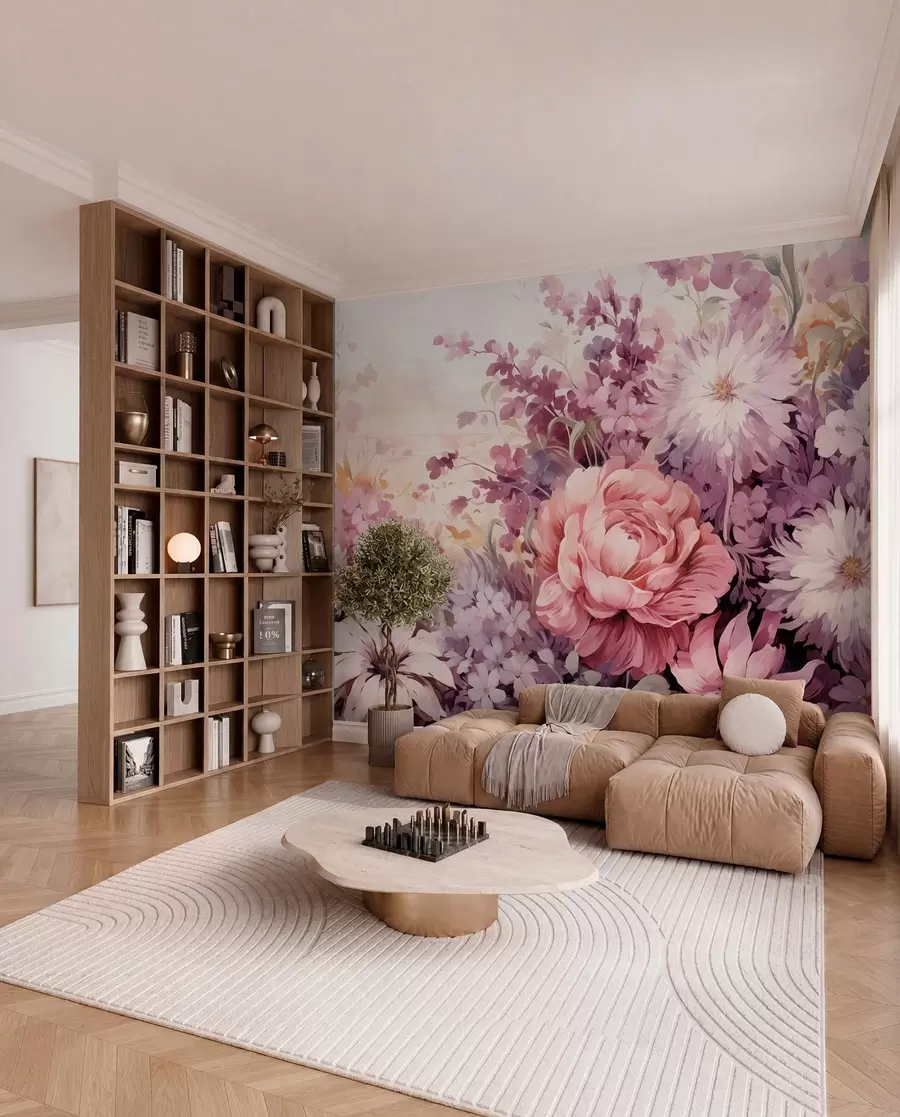 murais de parede Flores coloridas em tons de rosa e roxo: lilases, peónias, crisântemos w09039