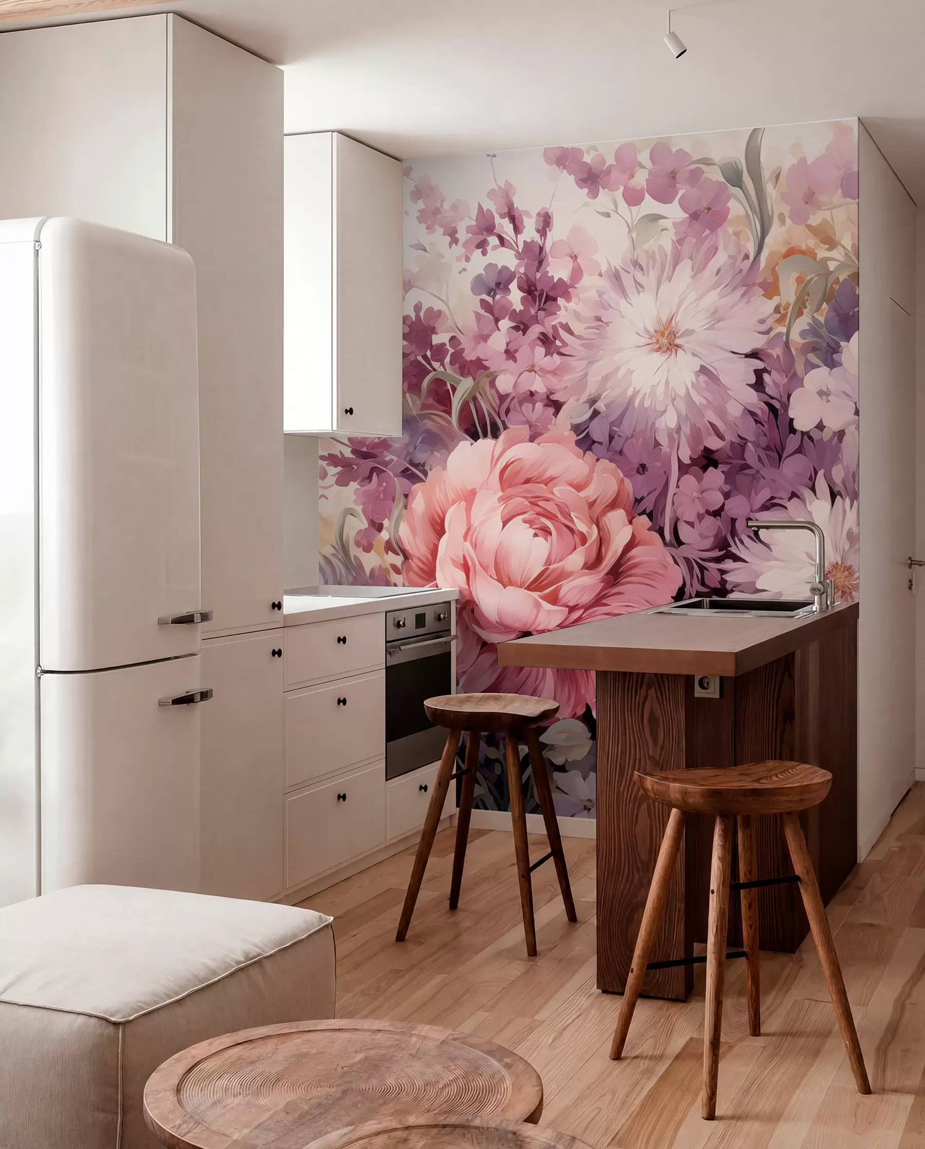 murais de parede Flores coloridas em tons de rosa e roxo: lilases, peónias, crisântemos w09039
