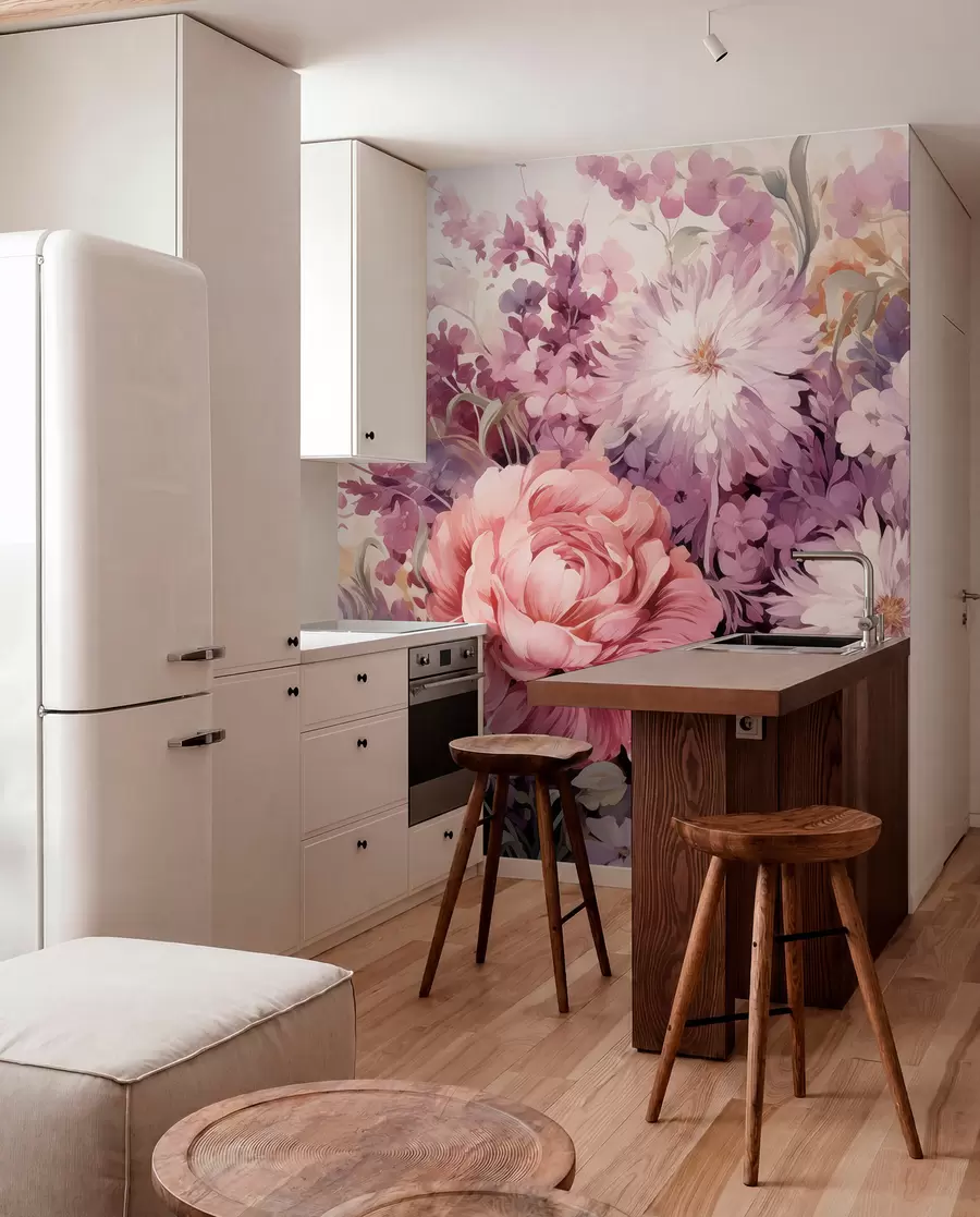 murais de parede Flores coloridas em tons de rosa e roxo: lilases, peónias, crisântemos w09039