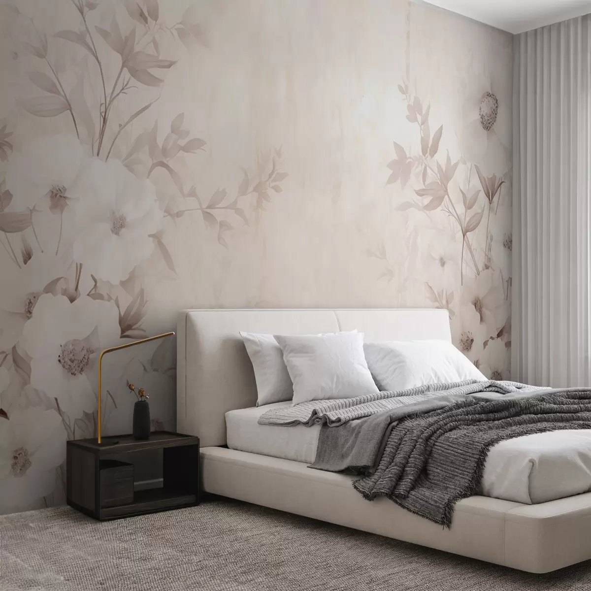 murais de parede Flores com folhas em tons claros neutros em estilo aguarela w09040