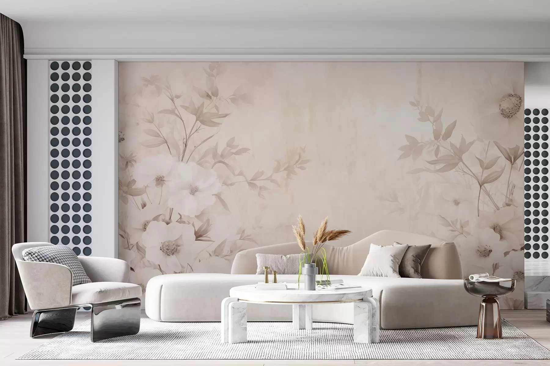 murais de parede Flores com folhas em tons claros neutros em estilo aguarela w09040