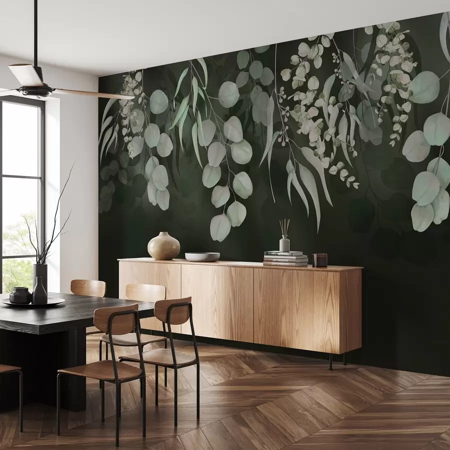 murais de parede Folhas tropicais num fundo verde escuro, floral w03752