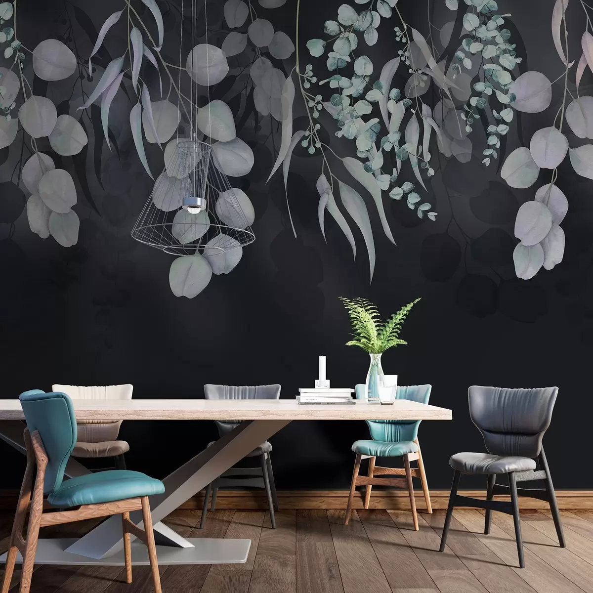 murais de parede Folhas tropicais sobre um fundo azul escuro, floral w03752v2