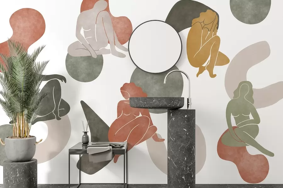 murais de parede Abstracções geométricas com silhuetas femininas, estilo boho, castanho, bege, verde w03753