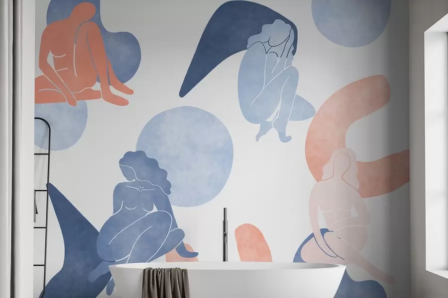 murais de parede Abstracções geométricas com silhuetas femininas, estilo boho, azul, bege, rosa w03753v1