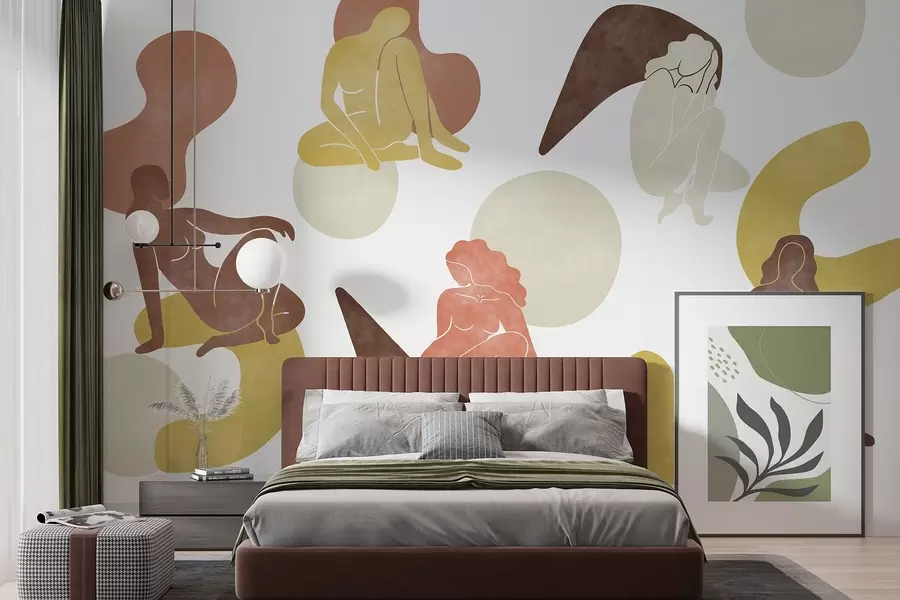 murais de parede Abstracções geométricas com silhuetas femininas, estilo boho, castanho, bege, amarelo w03753v2