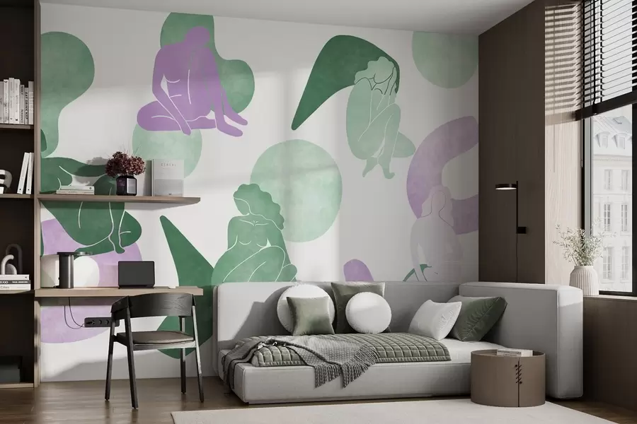 murais de parede Abstracções geométricas com silhuetas femininas, estilo boho, roxo, verde w03753v4