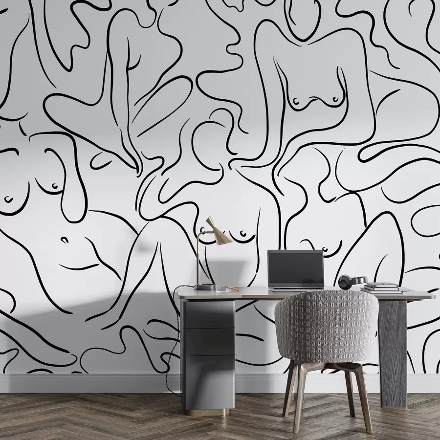 murais de parede Desenho de linhas, silhuetas de corpos de mulheres, abstração, cor preta w03755