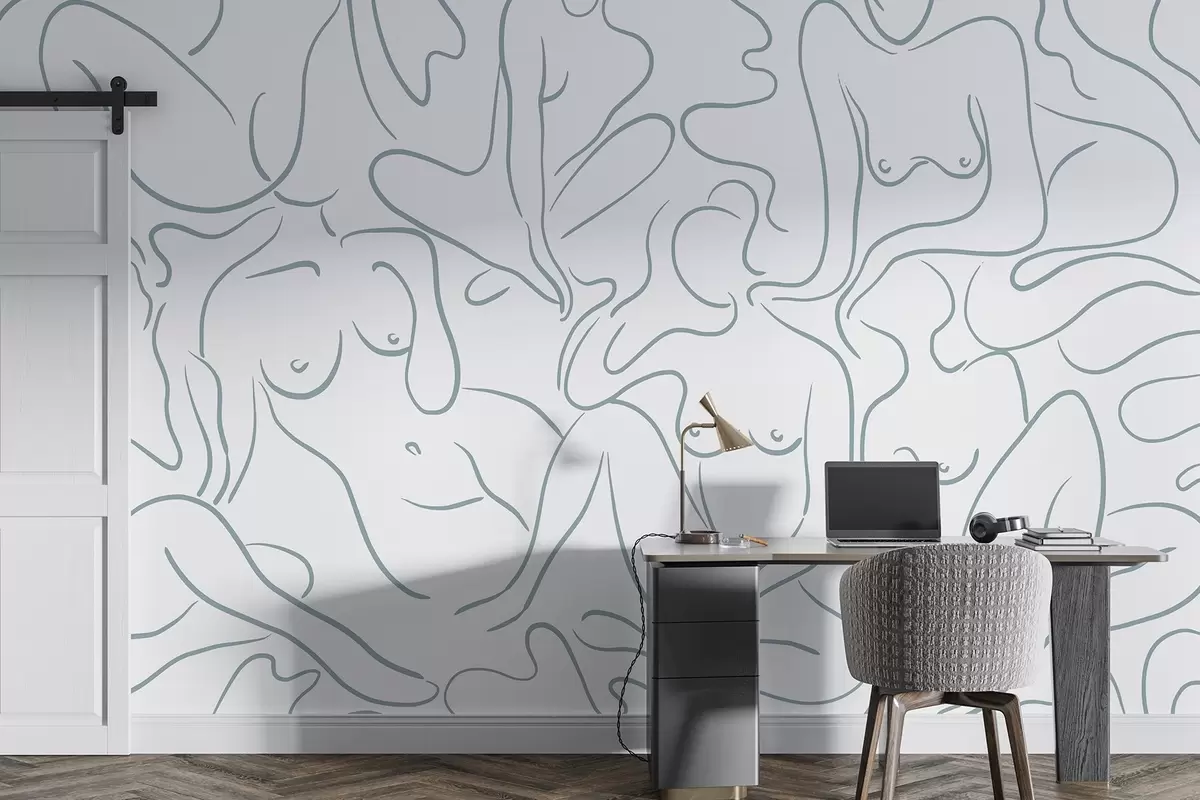 murais de parede Desenho de linhas, silhuetas anatómicas, abstração, cor azul w03755v1