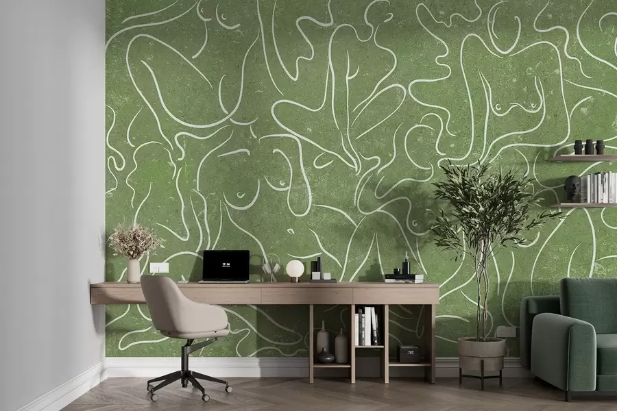 murais de parede Desenho de linhas de silhuetas anatómicas, abstração, fundo verde  w03756v2