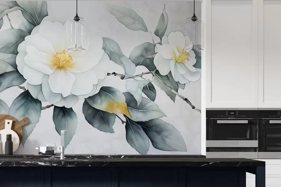 murais de parede Flores de camélia em estilo aguarela no ramo, cores naturais w03761