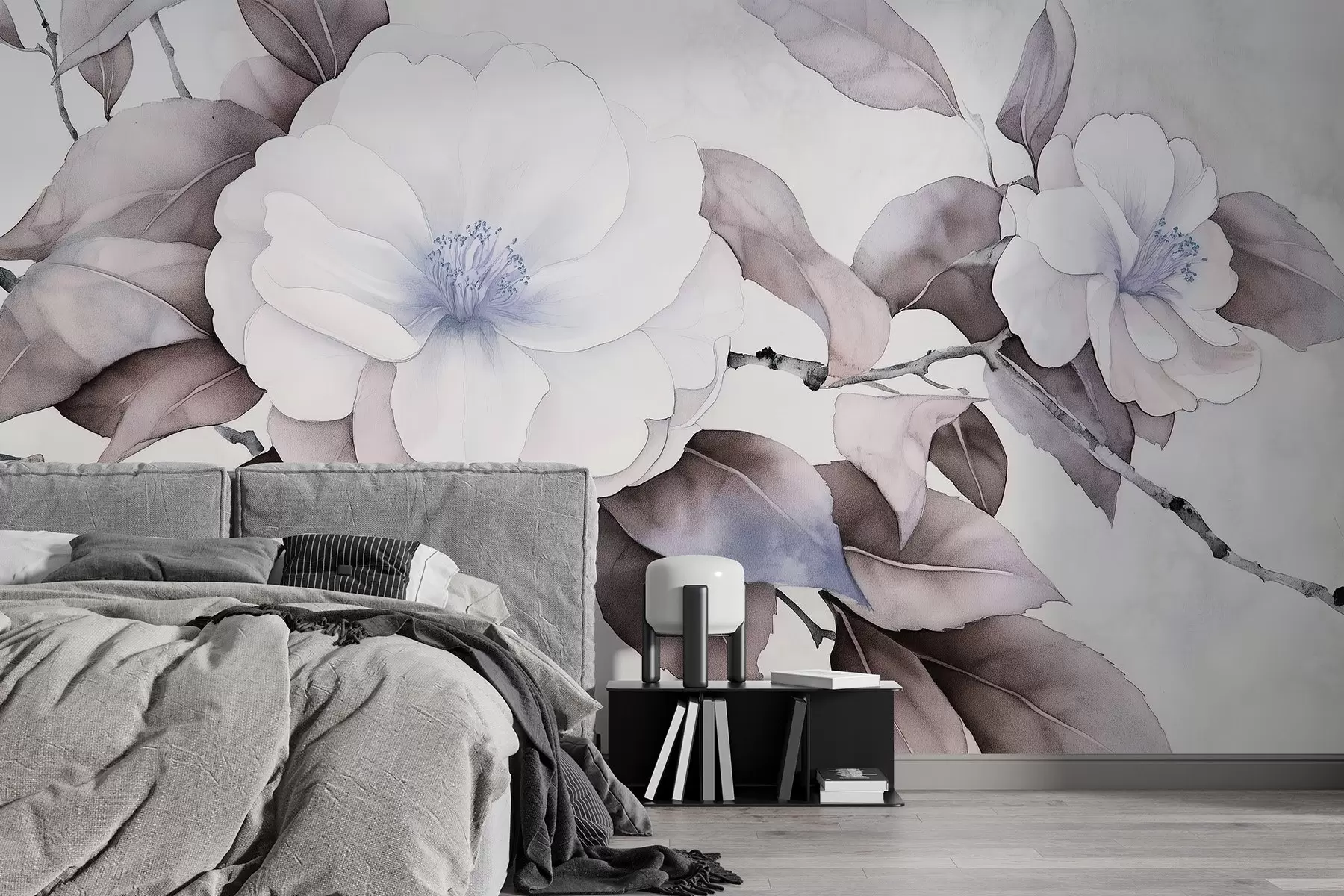 murais de parede Flores de camélia em estilo aguarela no ramo, cores púrpura w03761v1