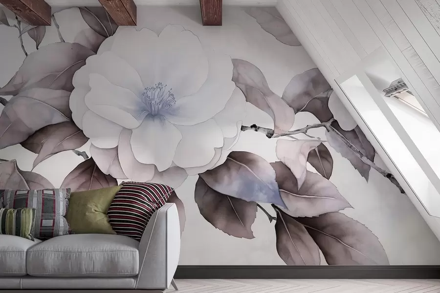 murais de parede Flores de camélia em estilo aguarela no ramo, cores púrpura w03761v1