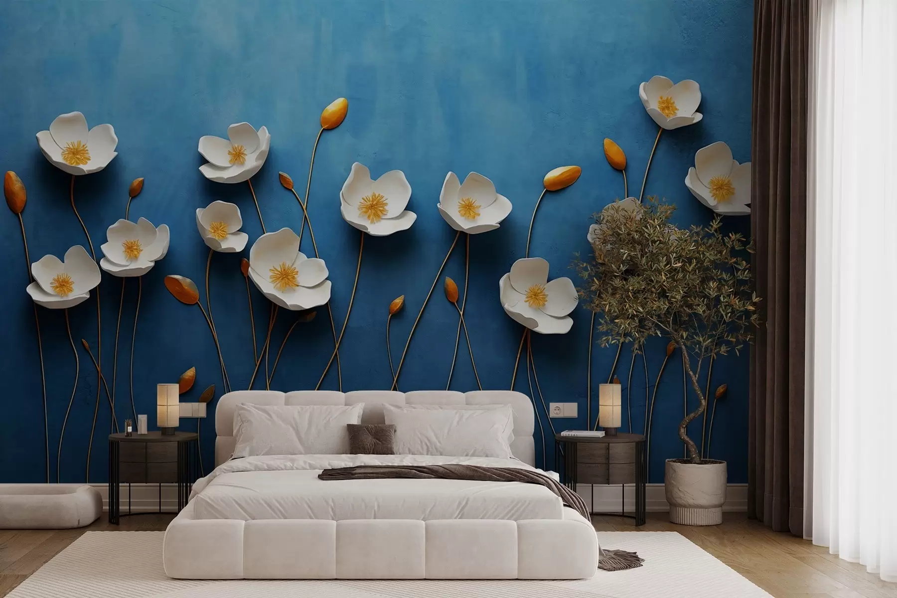 murais de parede Flores brancas com centros amarelos sobre um fundo azul w03800