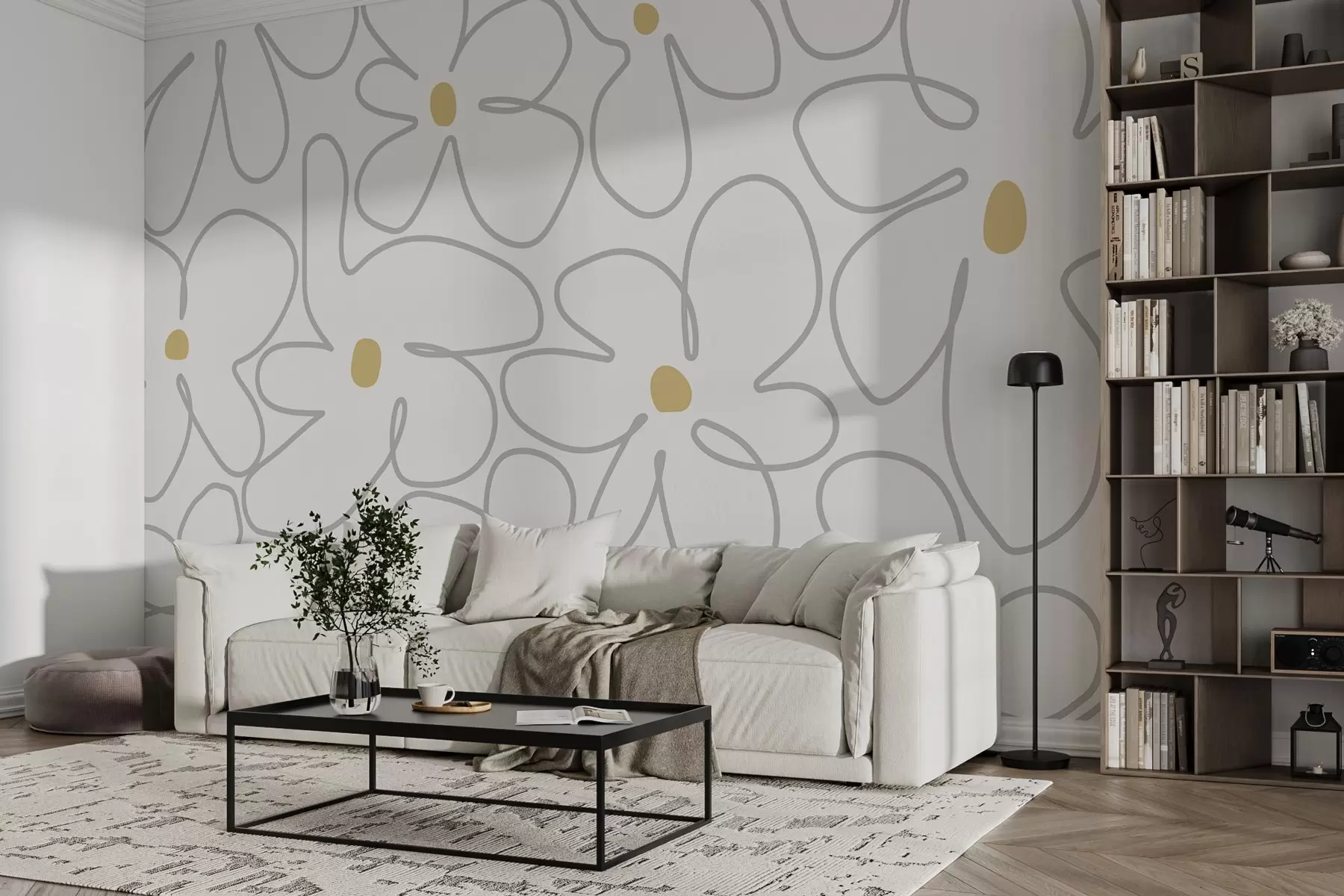 murais de parede Line art minimalista de flores em cores claras w03812