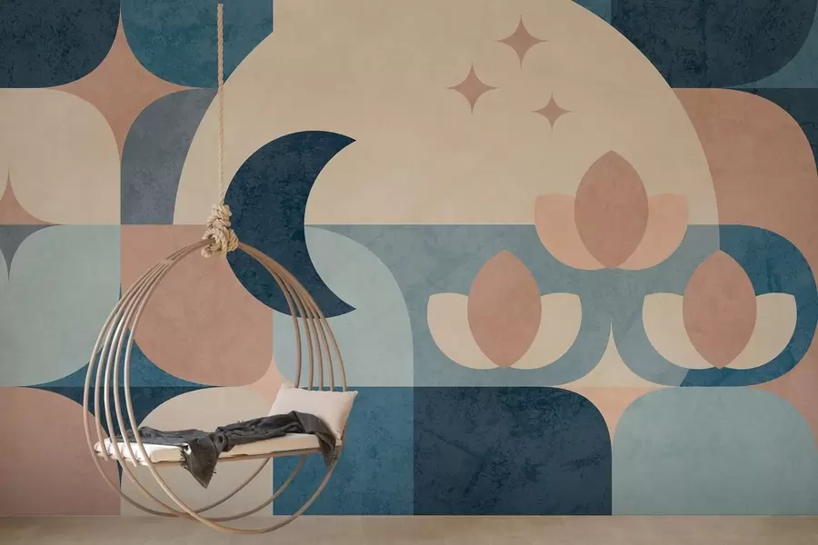 murais de parede abstração geométrica, onde formas suaves se entrelaçam suavemente com símbolos da lua, flores e estrelas w03723