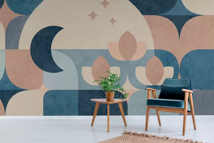 murais de parede abstração geométrica, onde formas suaves se entrelaçam suavemente com símbolos da lua, flores e estrelas. w03723