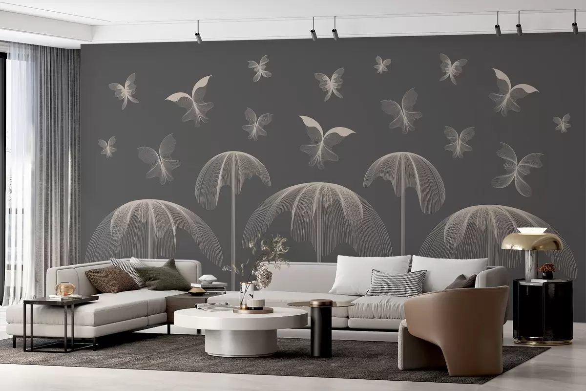 murais de parede papel de parede linear minimalista borboletas e fontes sobre um fundo cinzento escuro w03762v1