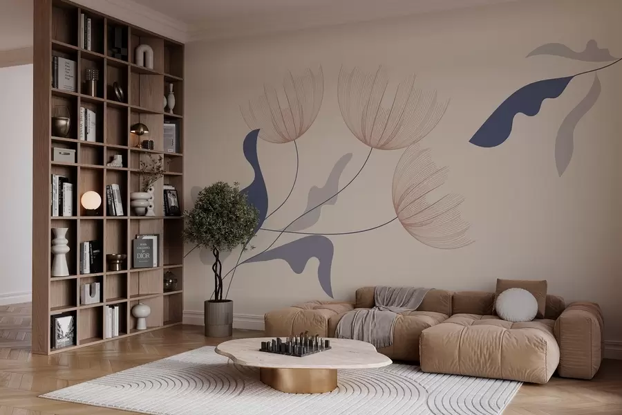 murais de parede flores elegantes e minimalistas em tons de azul sobre um fundo bege w03763