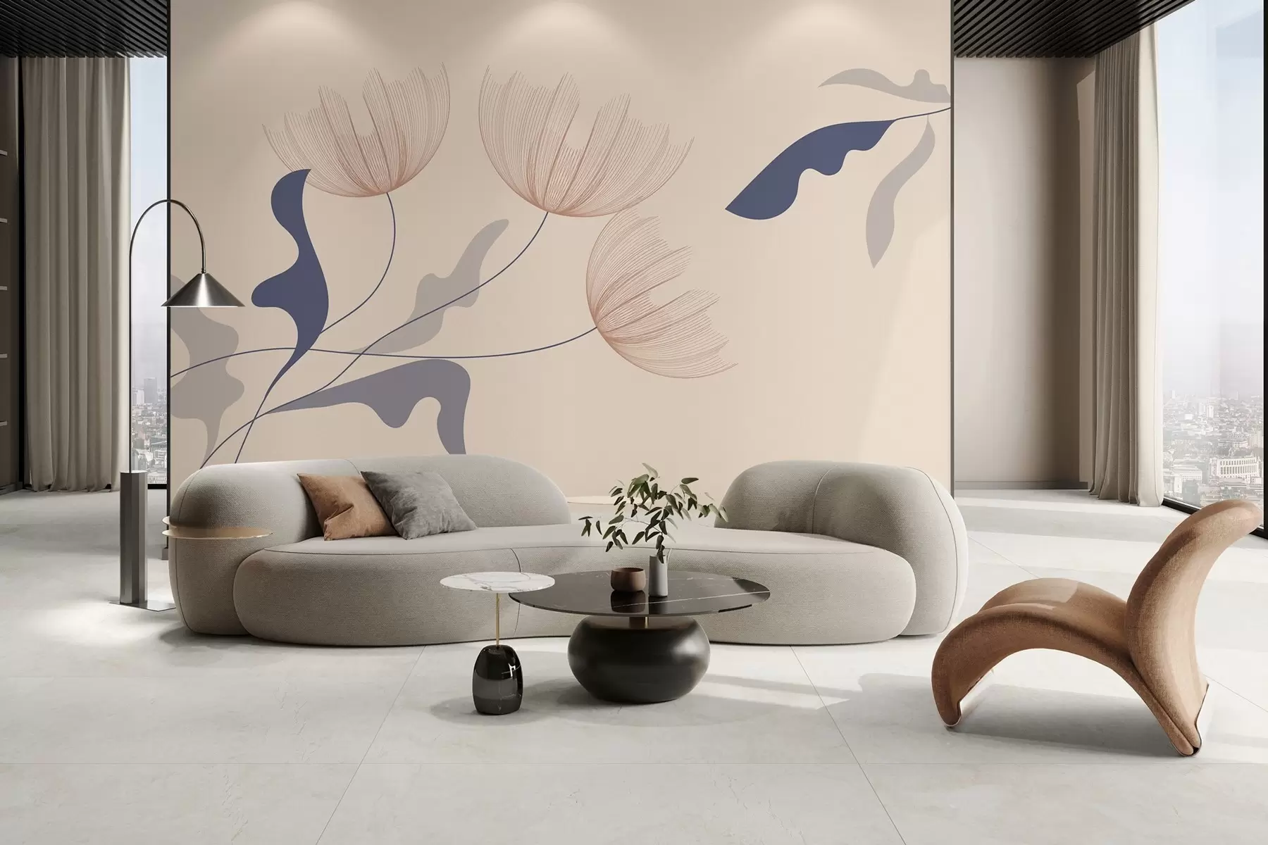 murais de parede flores elegantes e minimalistas em tons de azul sobre um fundo bege w03763