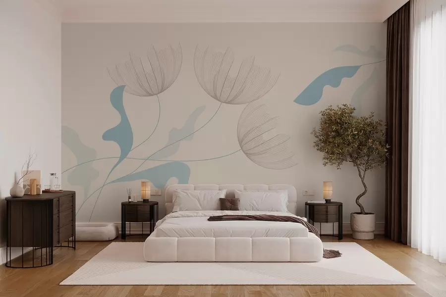 murais de parede flores elegantes e minimalistas em tons de azul claro sobre um fundo bege w03763v1