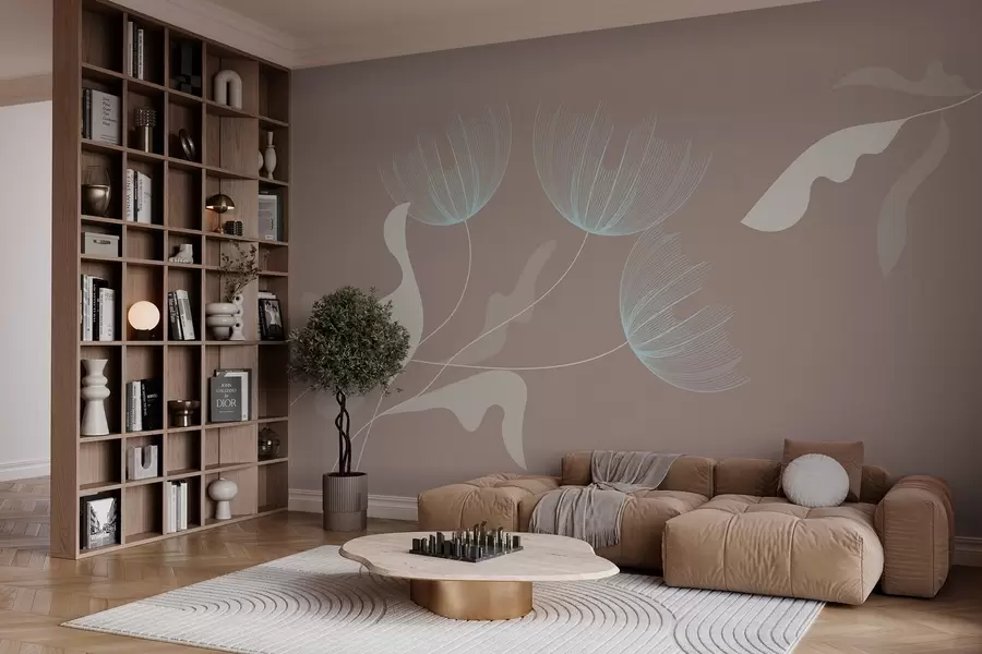 murais de parede flores elegantes e minimalistas em tons de branco e azul sobre um fundo moca w03763v3