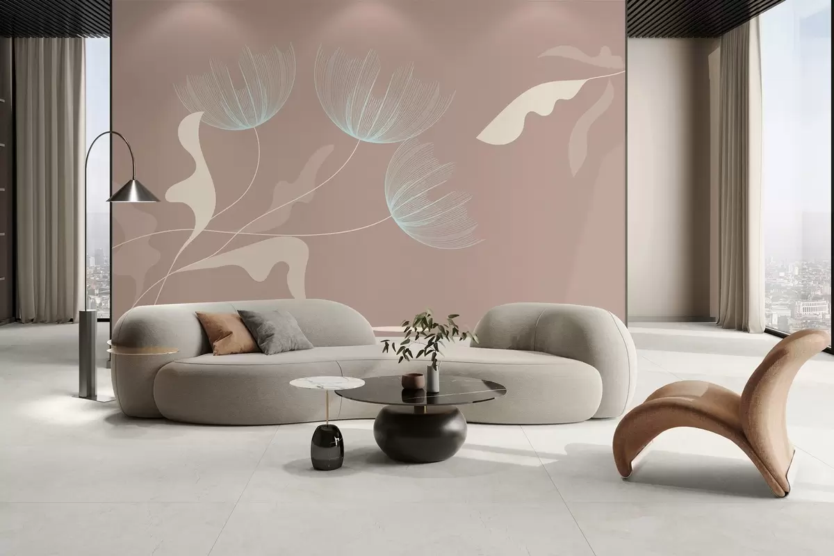 murais de parede flores elegantes e minimalistas em tons de branco e azul sobre um fundo moca w03763v3