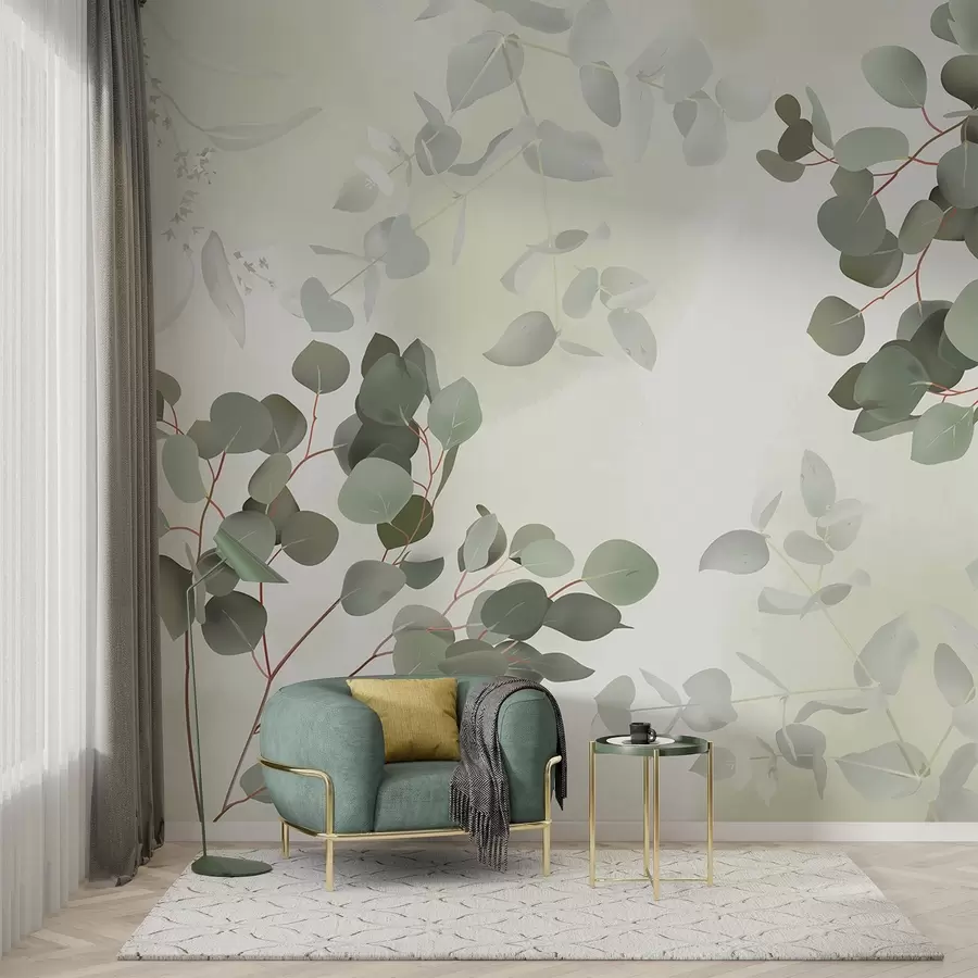 murais de parede Ramos com folhas em tons de verde w03719