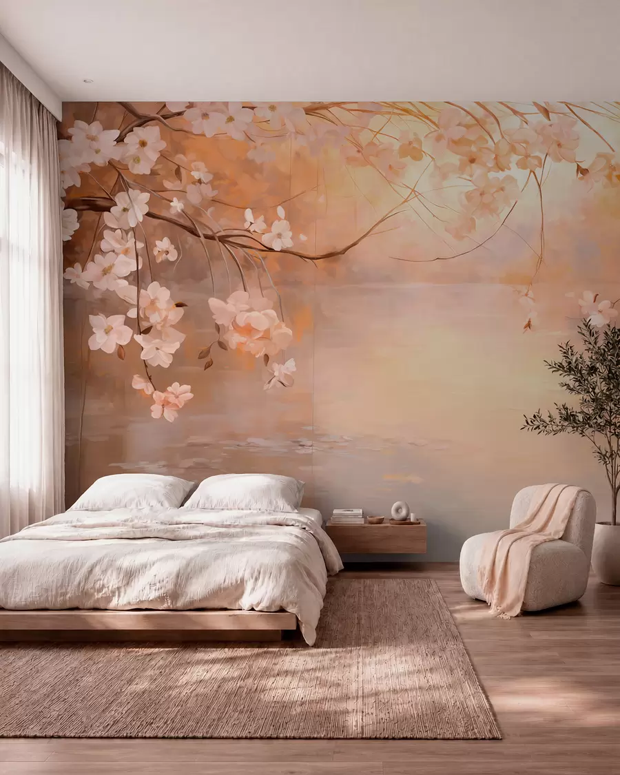 murais de parede Arte abstrata de paisagem com ramos de flores e flores brancas penduradas sobre um lago, cores pastel suaves w09046