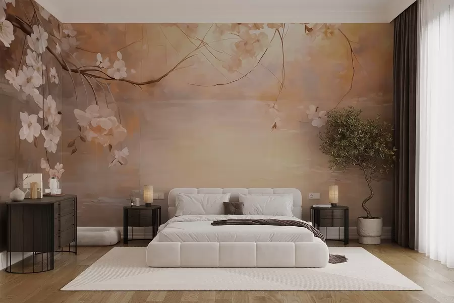murais de parede Arte abstrata de paisagem com ramos de flores e flores brancas penduradas sobre um lago, cores pastel suaves w09046
