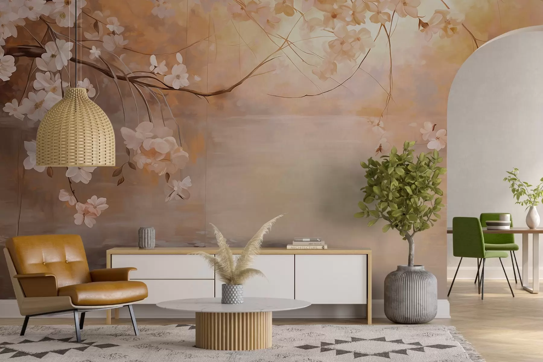 murais de parede Arte abstrata de paisagem com ramos de flores e flores brancas penduradas sobre um lago, cores pastel suaves w09046