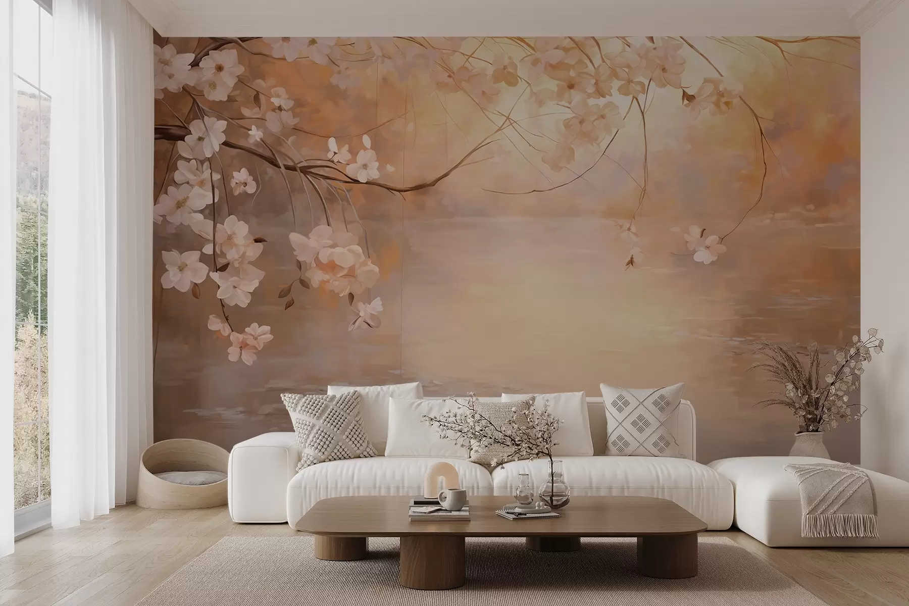 murais de parede Arte abstrata de paisagem com ramos de flores e flores brancas penduradas sobre um lago, cores pastel suaves w09046