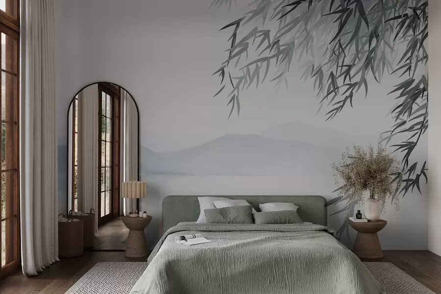 murais de parede Folhas de bambu penduradas sobre um lago com montanhas em fundo, tons suaves de azul e branco, estilo de pintura a tinta w09048