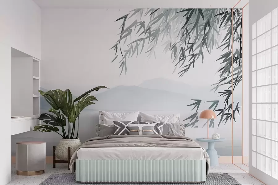 murais de parede Folhas de bambu penduradas sobre um lago com montanhas em fundo, tons suaves de azul e branco, estilo de pintura a tinta w09048