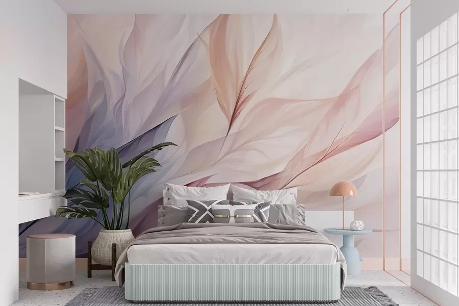 murais de parede Desenho floral abstrato com pétalas fluidas em tons pastel de rosa, pêssego e azul, criando uma composição suave e sonhadora w09049