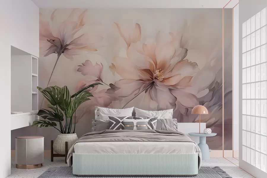 murais de parede Uma delicada arte floral com grandes flores de cor pastel com pétalas translúcidas, caules suaves e um fundo suave e difuso  w09050