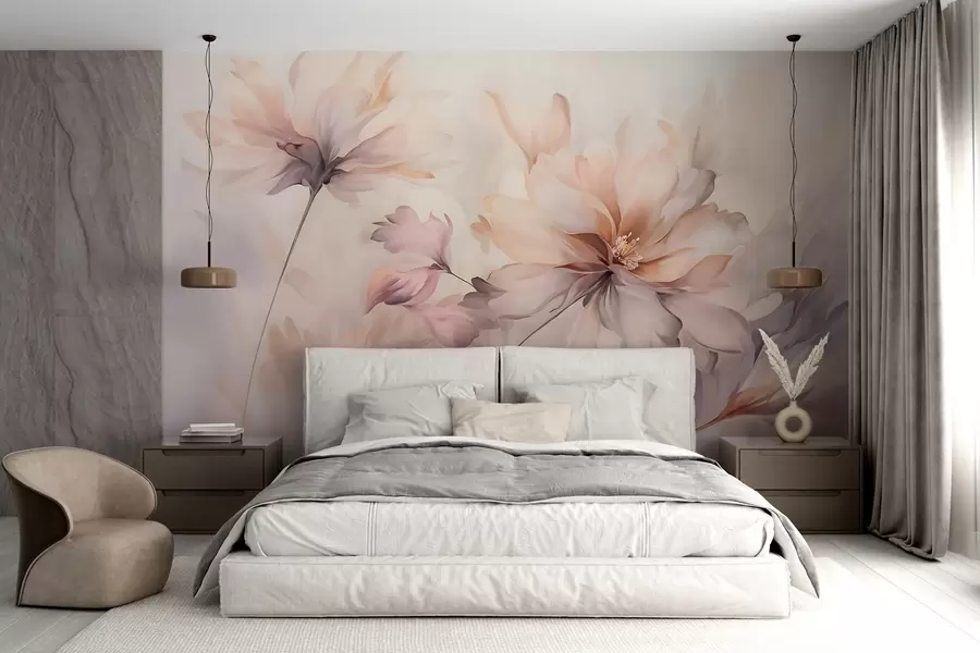 murais de parede Uma delicada arte floral com grandes flores de cor pastel com pétalas translúcidas, caules suaves e um fundo suave e difuso  w09050