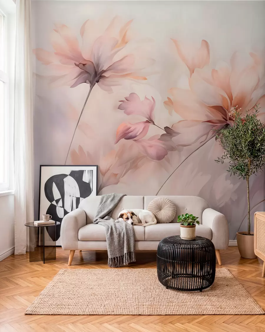 murais de parede Uma delicada arte floral com grandes flores de cor pastel com pétalas translúcidas, caules suaves e um fundo suave e difuso  w09050