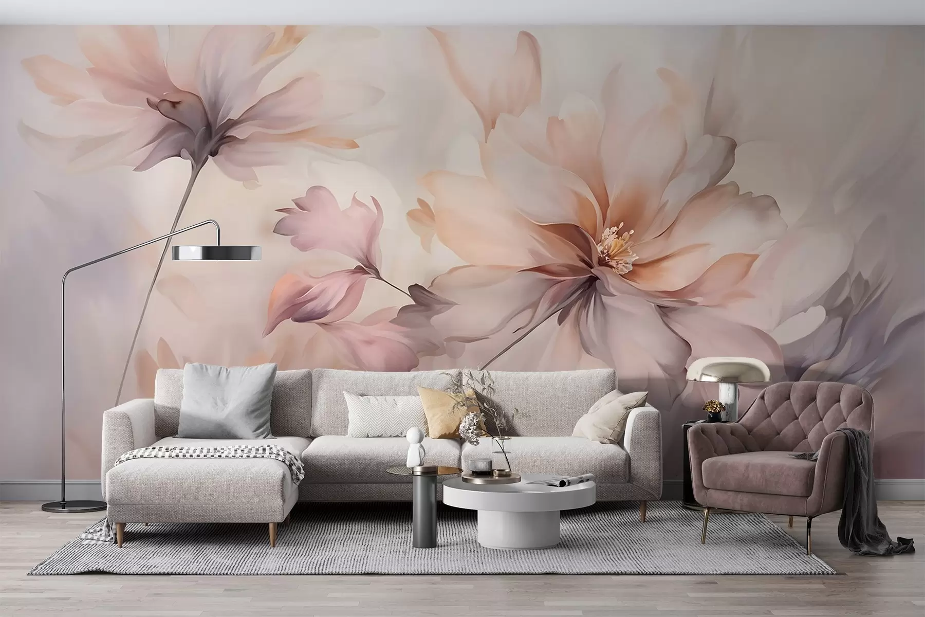 murais de parede Uma delicada arte floral com grandes flores de cor pastel com pétalas translúcidas, caules suaves e um fundo suave e difuso  w09050