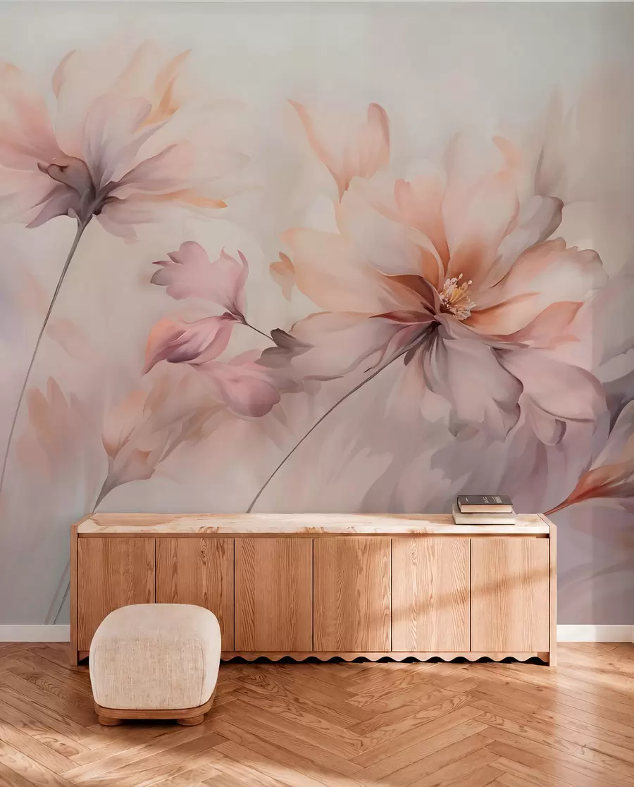 murais de parede Uma delicada arte floral com grandes flores de cor pastel com pétalas translúcidas, caules suaves e um fundo suave e difuso  w09050