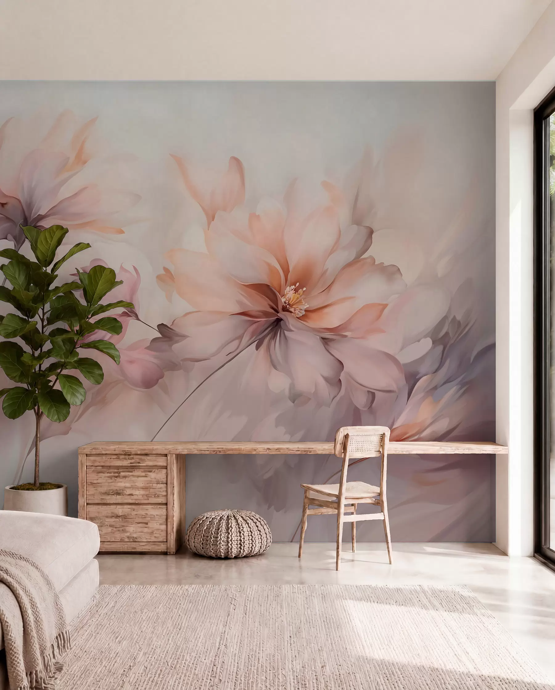 murais de parede Uma delicada arte floral com grandes flores de cor pastel com pétalas translúcidas, caules suaves e um fundo suave e difuso  w09050