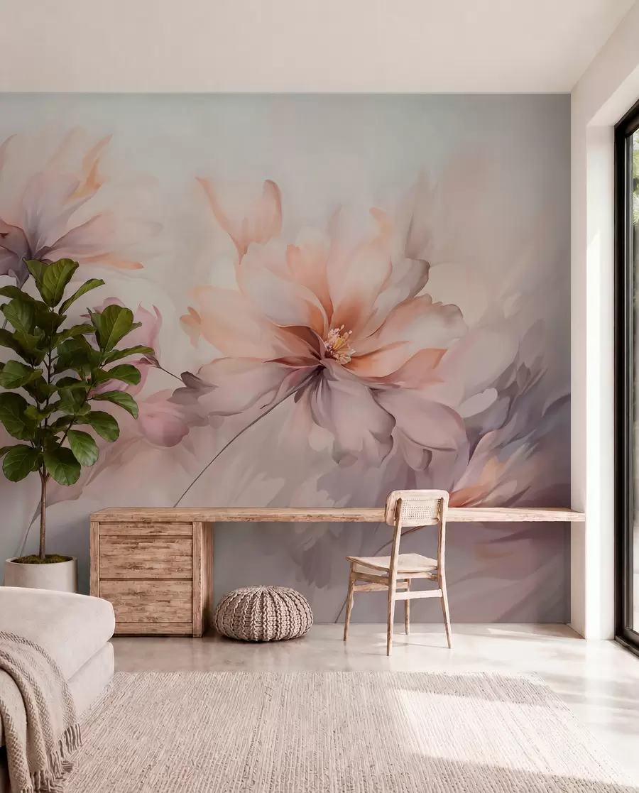 murais de parede Uma delicada arte floral com grandes flores de cor pastel com pétalas translúcidas, caules suaves e um fundo suave e difuso  w09050