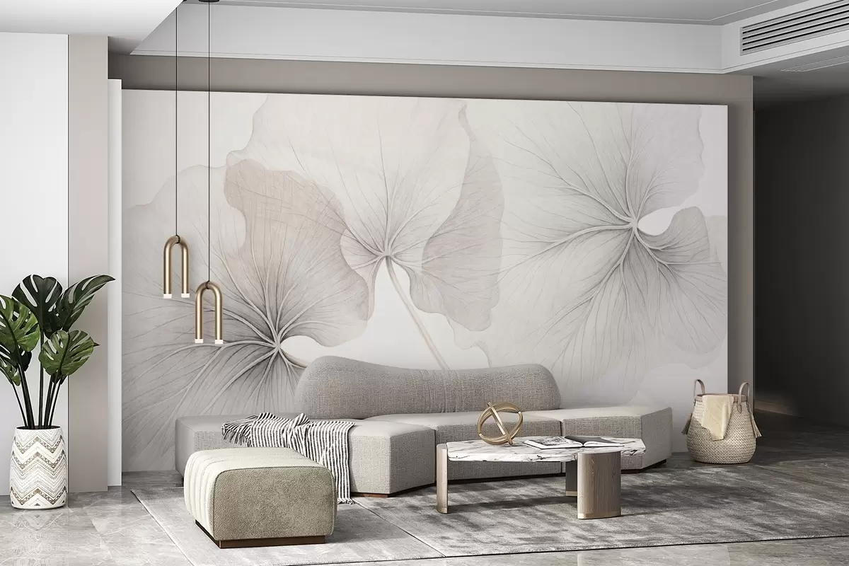 murais de parede Três folhas translúcidas com nervuras visíveis, com textura rugosa que se sobrepõem ligeiramente, com caules finos sobre um fundo branco w09052