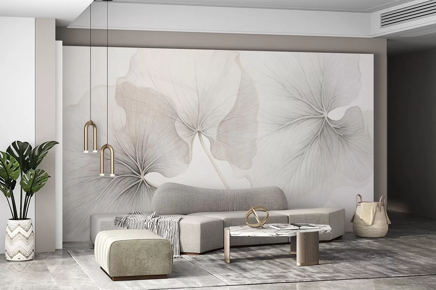 murais de parede Três folhas translúcidas com nervuras visíveis, com textura rugosa que se sobrepõem ligeiramente, com caules finos sobre um fundo branco w09052