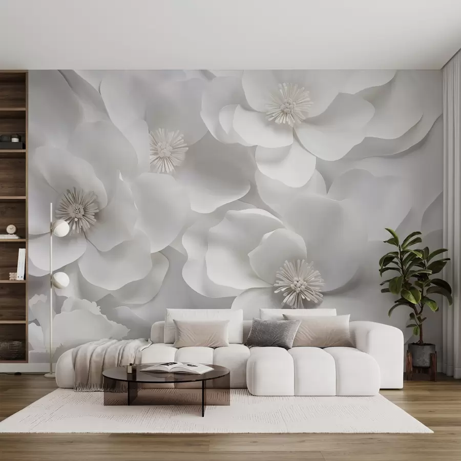 murais de parede Flores brancas com pétalas delicadas, dispostas num cacho denso, criando uma sensação de pureza e elegância sobre um fundo branco w09053