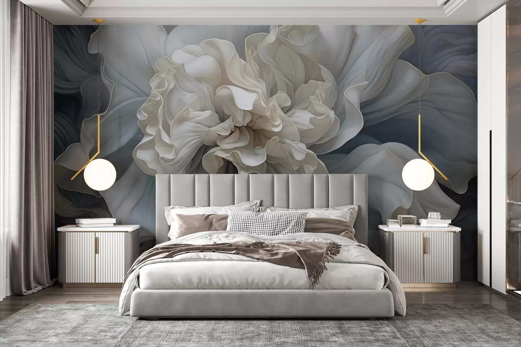 murais de parede Grande flor decorativa abstrata com muitas pétalas, suave e delicada, com tons de azul e cinzento no fundo w09055