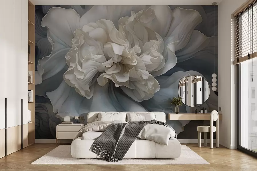murais de parede Grande flor decorativa abstrata com muitas pétalas, suave e delicada, com tons de azul e cinzento no fundo w09055