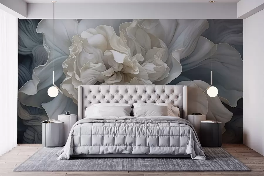 murais de parede Grande flor decorativa abstrata com muitas pétalas, suave e delicada, com tons de azul e cinzento no fundo w09055