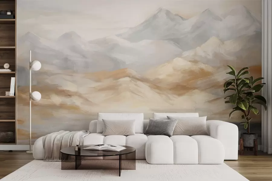 murais de parede Pintura de paisagem com textura de montanhas com um lago em primeiro plano, em tons de branco, cinzento e castanho w09057